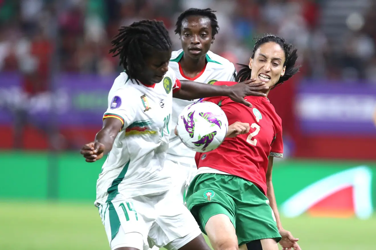 Cameroon players celebrate after defeating Morocco on penalties to reach the WAFCON 2026 final